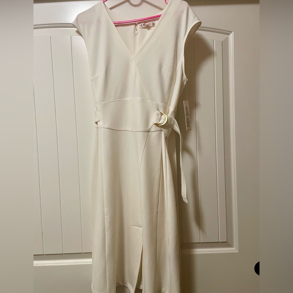 Nanette Lepore Cream Wrap-Style Midi Dress with Gold Ring Tie